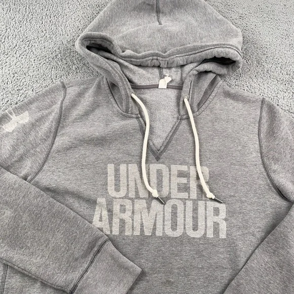 Under Armour Hoodie Womens Small Gray Sweatshirt Pullover Fleece Spell Out - Picture 1 of 12